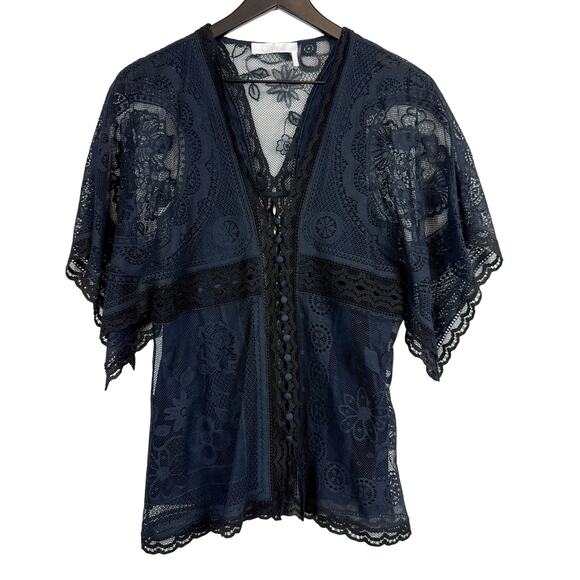 Chloe Angel Sleeve Lace VNeck Button Front Top Blouse Iconic Navy Blue - 36 - Picture 1 of 8